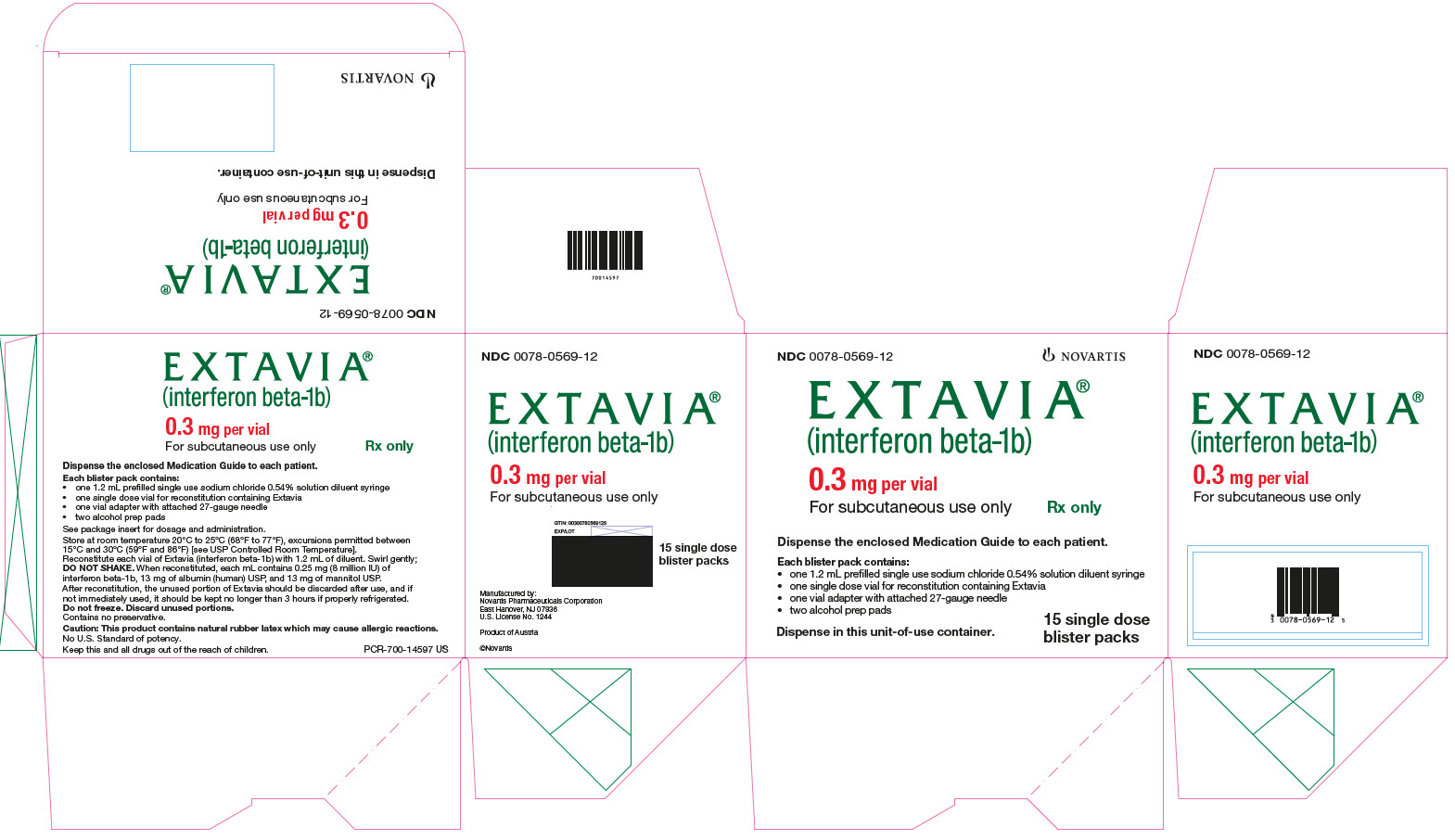 PRINCIPAL DISPLAY PANEL
									NDC 0078-0569-12
									NOVARTIS
									EXTAVIA®
									(interferon beta-1b)
									0.3 mg per vial
									For subcutaneous use only
									Rx only
									Dispense the enclosed Medication Guide to each patient.
									Each blister pack contains:
									• one 1.2 mL prefilled single use sodium chloride 0.54% solution diluent syringe
									• one single dose vial for reconstitution containing Extavia
									• one vial adapter with attached 27-gauge needle
									• two alcohol prep pads
									Dispense in this unit-of-use container.
									15 single dose blister packs
							