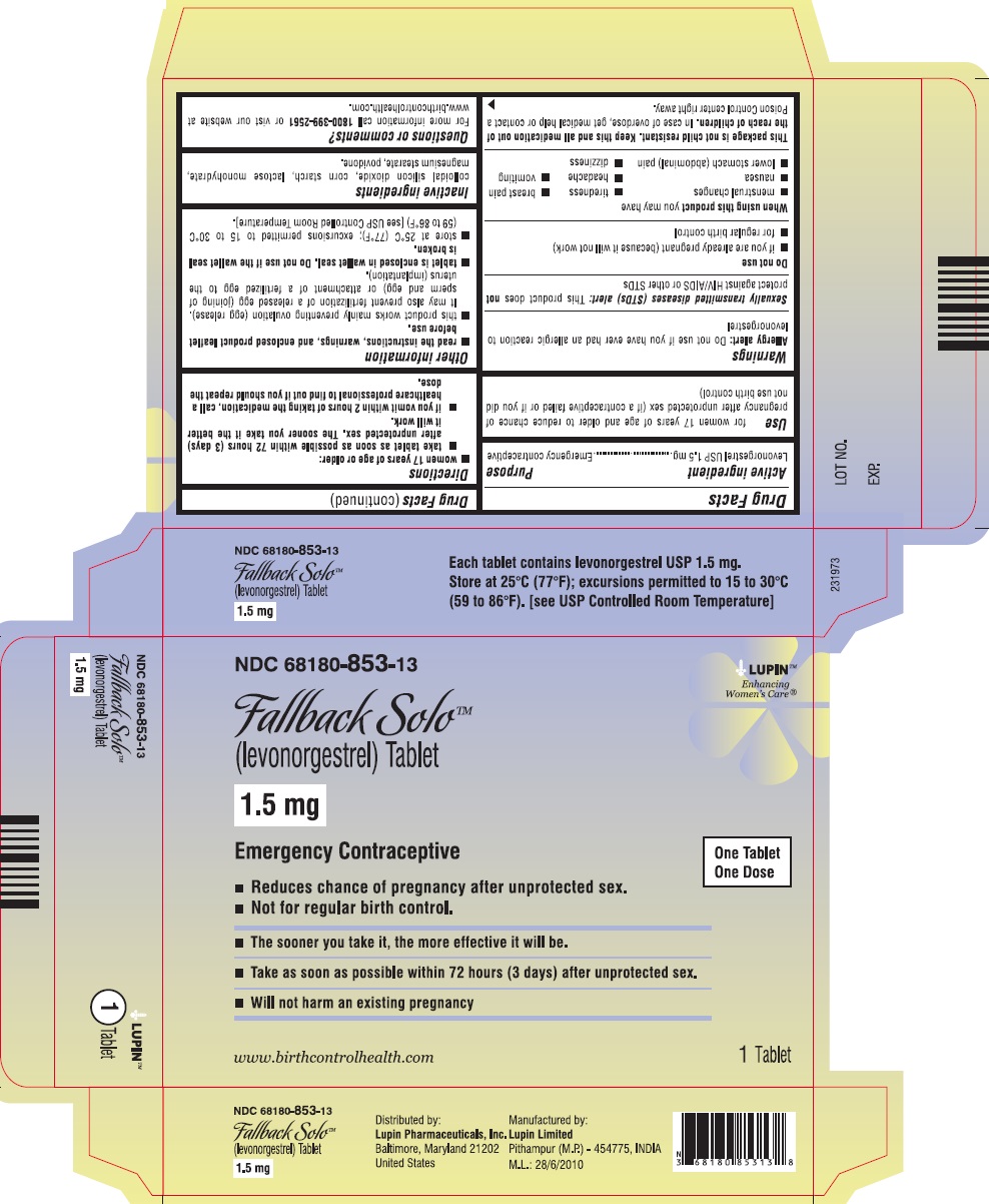 Fallback Solo (levonorgestrel) Tablet, 1.5 mg
NDC 68180-853-13
							Carton Label: 1 Tablet