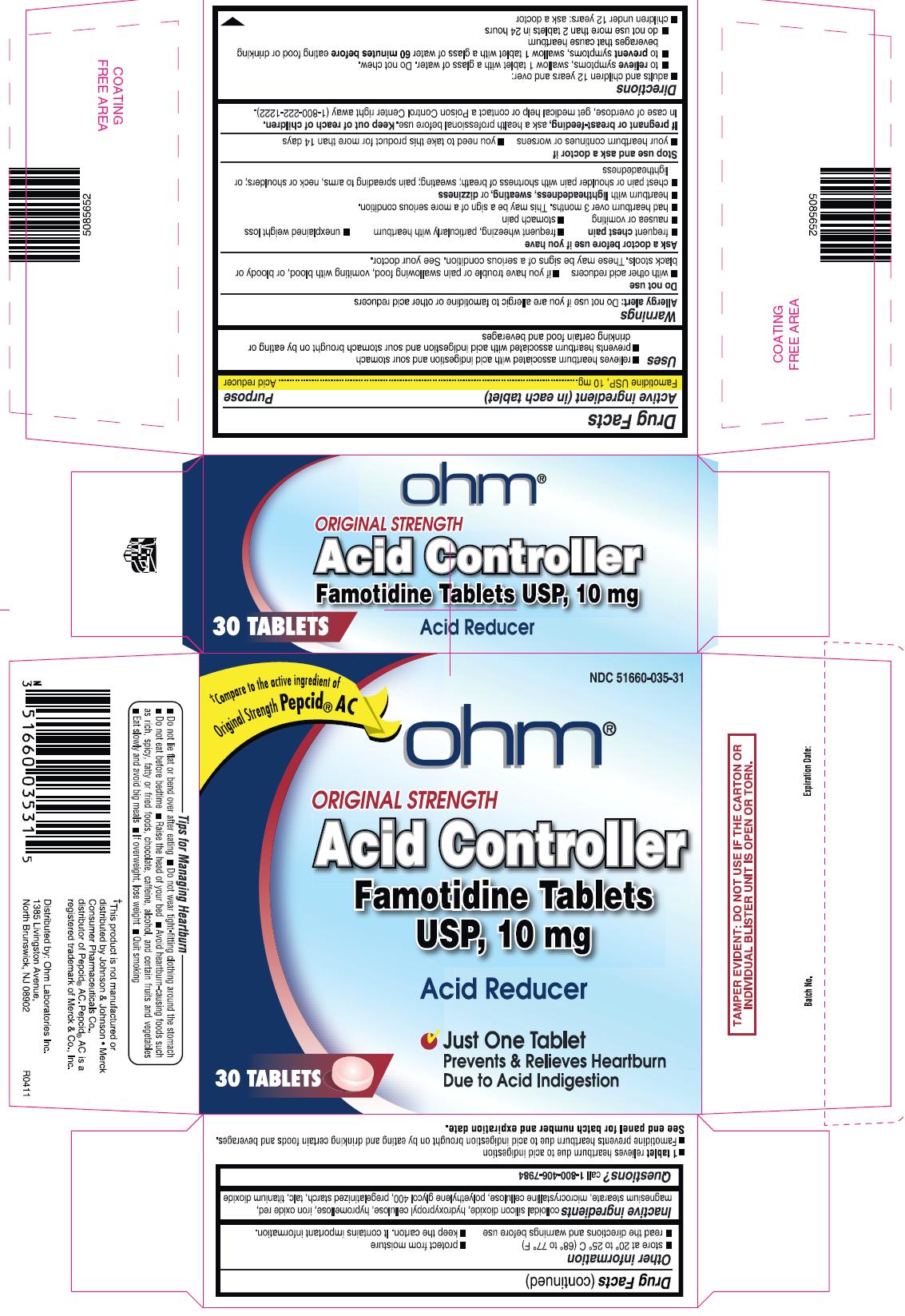 This is the 30 count bottle carton label for Famotidine tablets USP, 10 mg.