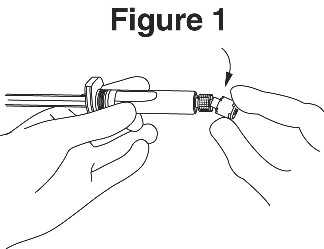 Figure 1 illustrates breaking the seal of the white plastic cover on the syringe luer connector to remove the cover