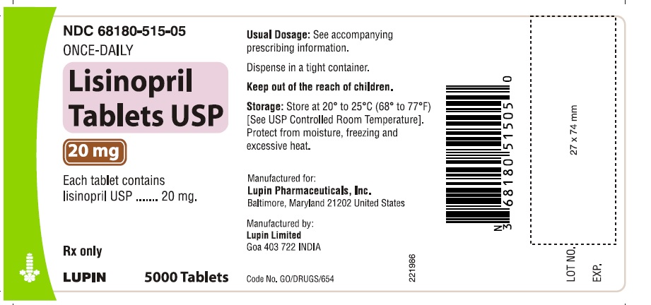 LISINOPRIL TABLETS USP
Rx Only
20 mg
NDC 68180-515-05
5000 Tablets