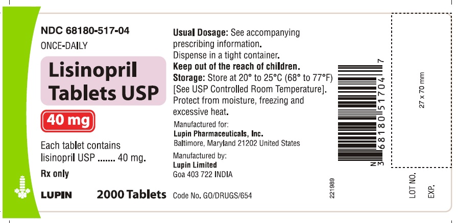 LISINOPRIL TABLETS USP
40 mg
NDC 68180-517-04
2000 Tablets