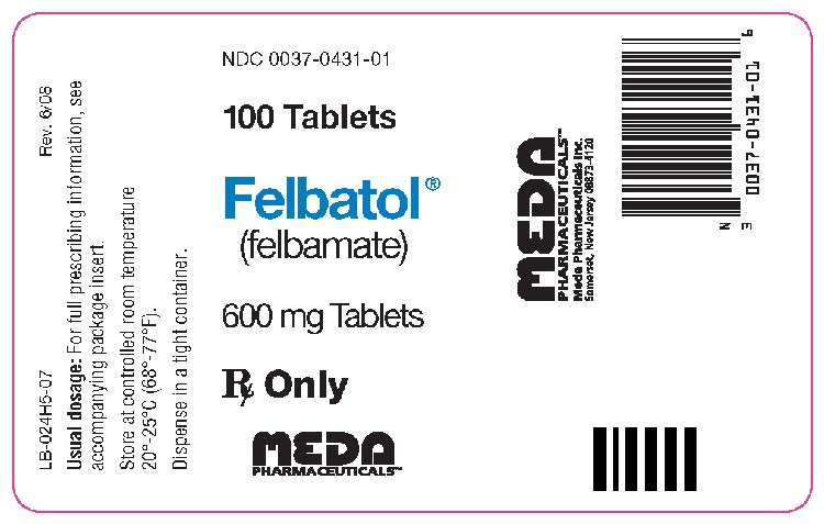 Felbatol 600 mg Tablets 100 Count Container Label