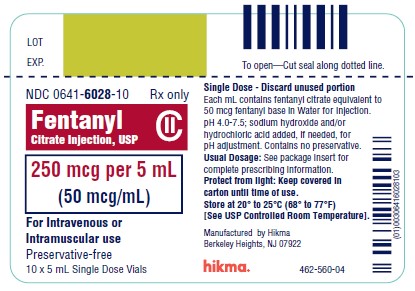 NDC 0641-6028-10 Rx only Fentanyl Citrate Inj., USP CII 250 mcg per 5 mL (50 mcg/mL) For Intravenous or Intramuscular use Preservative-free 10 x 5 mL Single Dose Vial