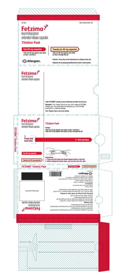 Rx Only  NDC 0456-2202-28
Fetzima®
levomilnacipran
extended-release capsules
Titration Pack
Two 20 mg Capsules
Take one 20 mg capsule once daily
On Day 1 and Day 2. 
Twenty-six 40 mg capsules
Take one 40 mg capsule once daily
On Day 3 through Day 28.
Patients: Lift up flap to find Instructions for sliding out the tray.
Dispense the accompanying Medication Guide to each patient.
