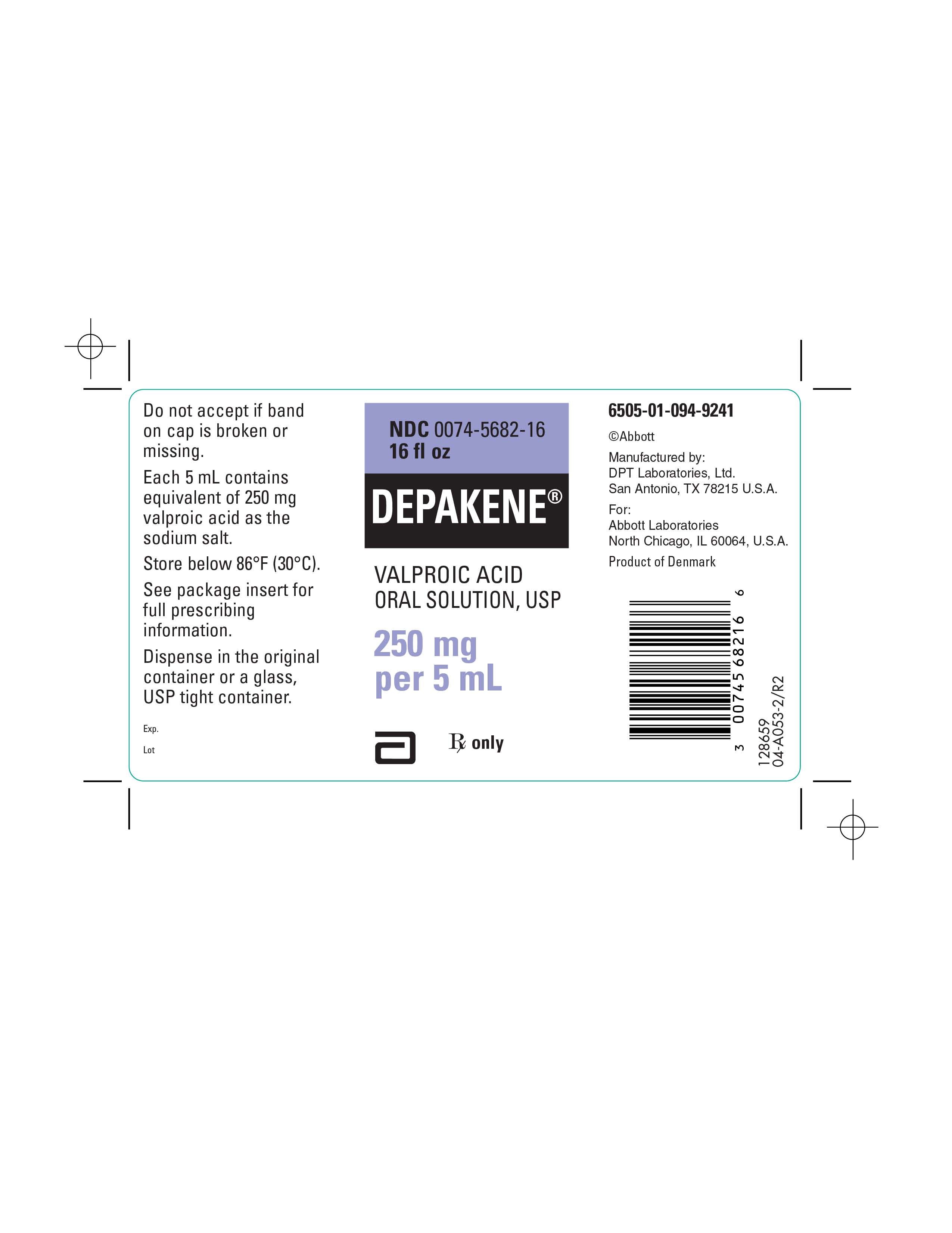 16 fl oz Depakene® Valproic Acid Oral Solution, USP 250 mg per 5 mL label
