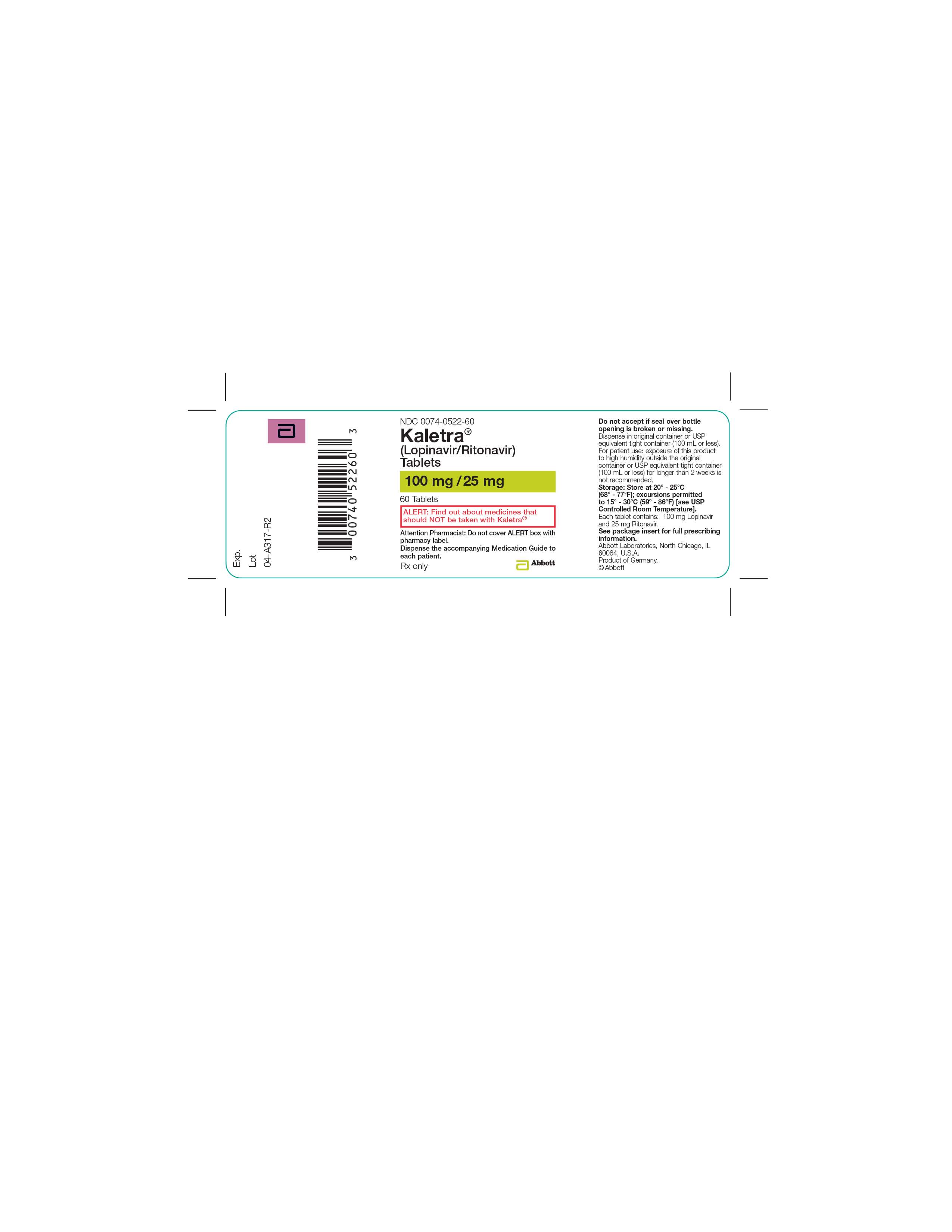 Kaletra® (Lopinavir/Ritonavir) Tablets 100 mg/25 mg 60 tablets Label