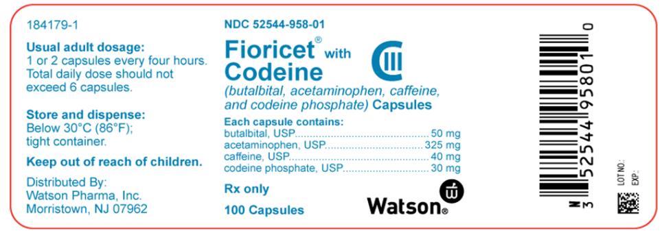 Fioricet® with Codeine (butalbital, acetaminophen, caffeine, and codeine phosphate) Capsules
Bottle with 100 Capsules
NDC 52544-958-01
