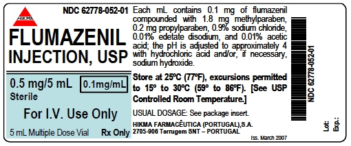 NDC 62778-052-01 FLUMAZENIL INJECTION, USP 0.5 mg/5 mL 0.1 mg/mL Sterile For I.V. Use Only 5 mL Multiple Dose Vial Rx Only