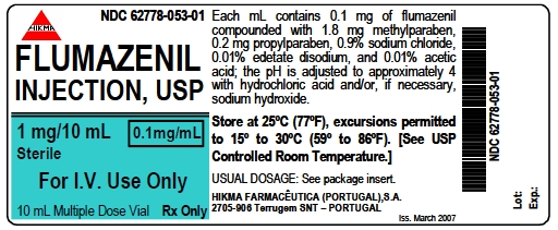 NDC 62778-053-01 FLUMAZENIL INJECTION, USP 1 ​mg/10 mL 0.1 mg/mL Sterile For I.V. Use Only 10 mL Multiple Dose Vial Rx Only