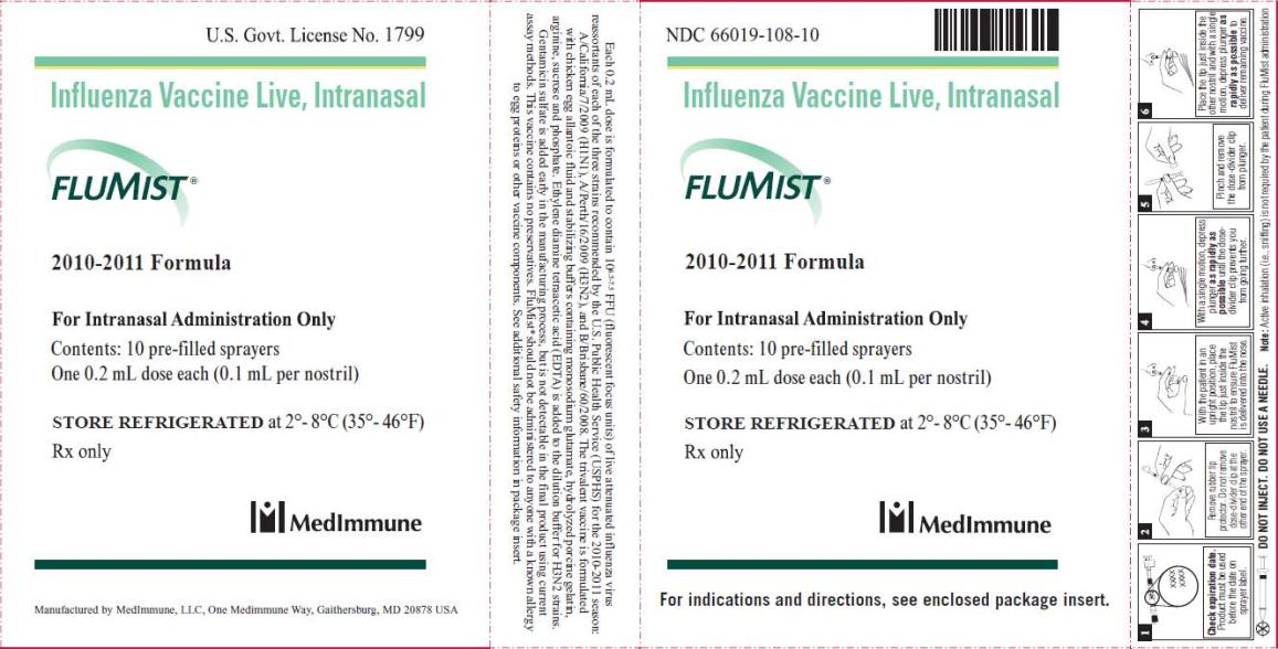 PRINCIPAL DISPLAY PANEL
Influenza Vaccine Live, Intranasal
FLUMIST®
2010-2011 Formula
For Intranasal Administration Only
Contents: 10 pre-filled sprayers
One 0.2 mL dose each (0.1 mL per nostril)
STORE REFRIGERATED at 2°-8°C (35°-46°F)
Rx Only
