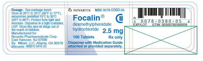PRINCIPAL DISPLAY PANEL          NOVARTIS          NDC 0078-0380-05          Focalin®          dexmethylphenidate hydrochloride          2.5 mg          100 tablets          Rx only          Dispense with Medication Guide attached or provided separately.          