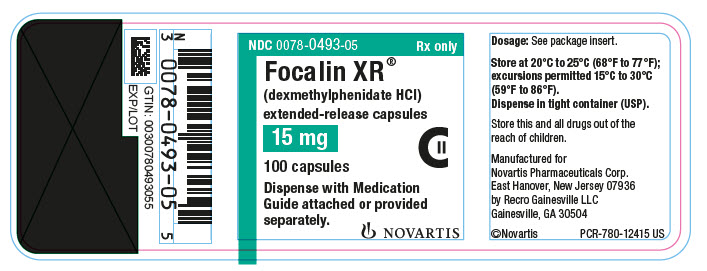 PRINCIPAL DISPLAY PANEL          NDC 0078-0493-05          Rx only          Focalin XR®          (dexmethylphenidate HCl)          extended-release capsules          15 mg          100 capsules          Dispense with Medication Guide attached or provided separately.          NOVARTIS