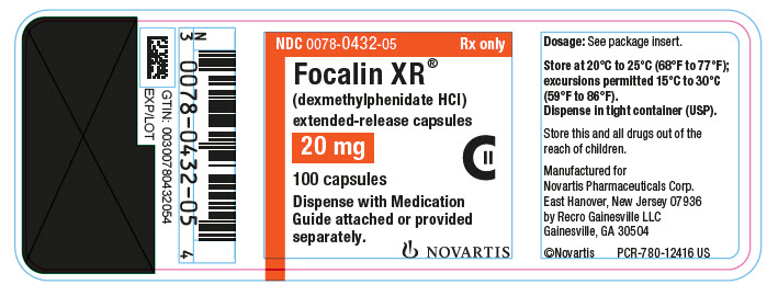 PRINCIPAL DISPLAY PANEL          NDC 0078-0432-05          Rx only          Focalin XR®          (dexmethylphenidate HCl)          extended-release capsules          20 mg          100 capsules          Dispense with Medication Guide attached or provided separately.          NOVARTIS