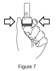 Hold the mouthpiece of the AEROLIZER Inhaler upright and press both buttons at the same time.  Only press the buttons ONCE. You should hear a click as the FORADIL capsule is being pierced. (Figure 7)