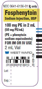 NDC 0641-6136-01 Rx only Fosphenytoin Sodium Injection, USP 100 mg PE in 2 mL (50 mg PE/mL) (PE = phenytoin sodium equivalents) FOR IM OR IV USE 2 mL Vial
