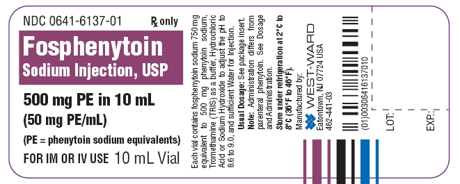 NDC 0641-6137-01 Rx only Fosphenytoin Sodium Injection, USP 500 mg PE in 10 mL (50 mg PE/mL) (PE = phenytoin sodium equivalents) FOR IM OR IV USE 10 mL Vial