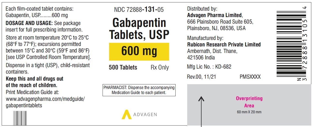 Gabapentin Tablets 600 mg - NDC 72888-131-05 - 500 Tablets Label