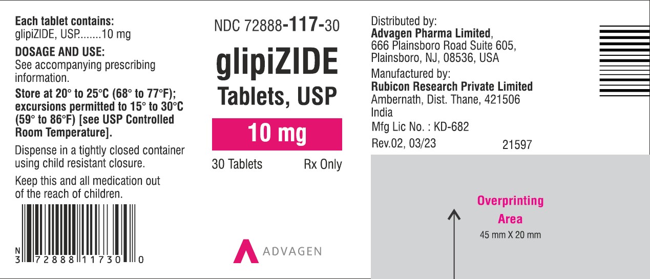Glipizide Tablets 10mg NDC 72888-117-30 - 30 Tablets Label