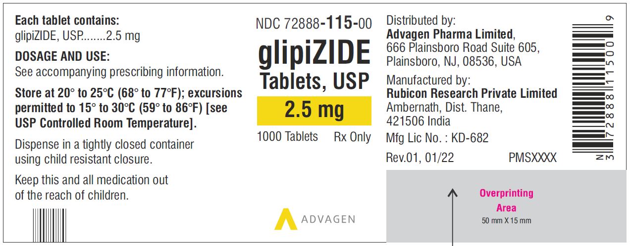 Glipizide Tablets 2.5mg - NDC 72888-115-00 - 1000 Tablets Label