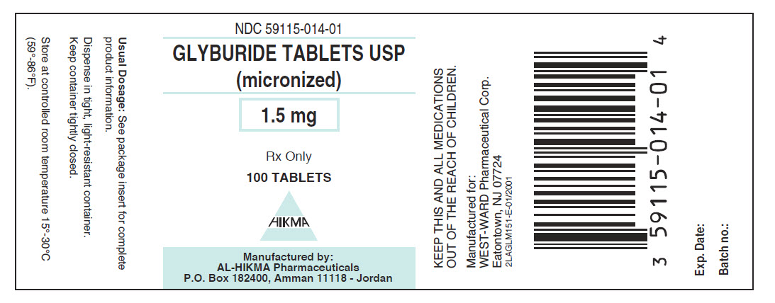 NDC 59115-014-01 Glyburide Tablets, USP (micronized) 1.5 mg 100 Tablets