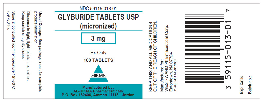 NDC 59115-013-01 Glyburide Tablets, USP (micronized) 3 mg 100 Tablets