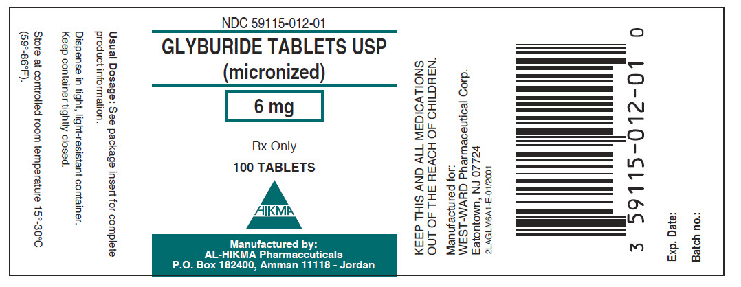 NDC 59115-012-01 Glyburide Tablets, USP (micronized) 6 mg 100 Tablets