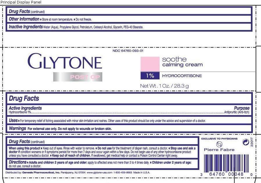 NDC 64760-093-01 GLYTONE POST OP sooth calming cream 1% HYDROCORTISONE Net Wt. 1 Ox. / 28.3 g