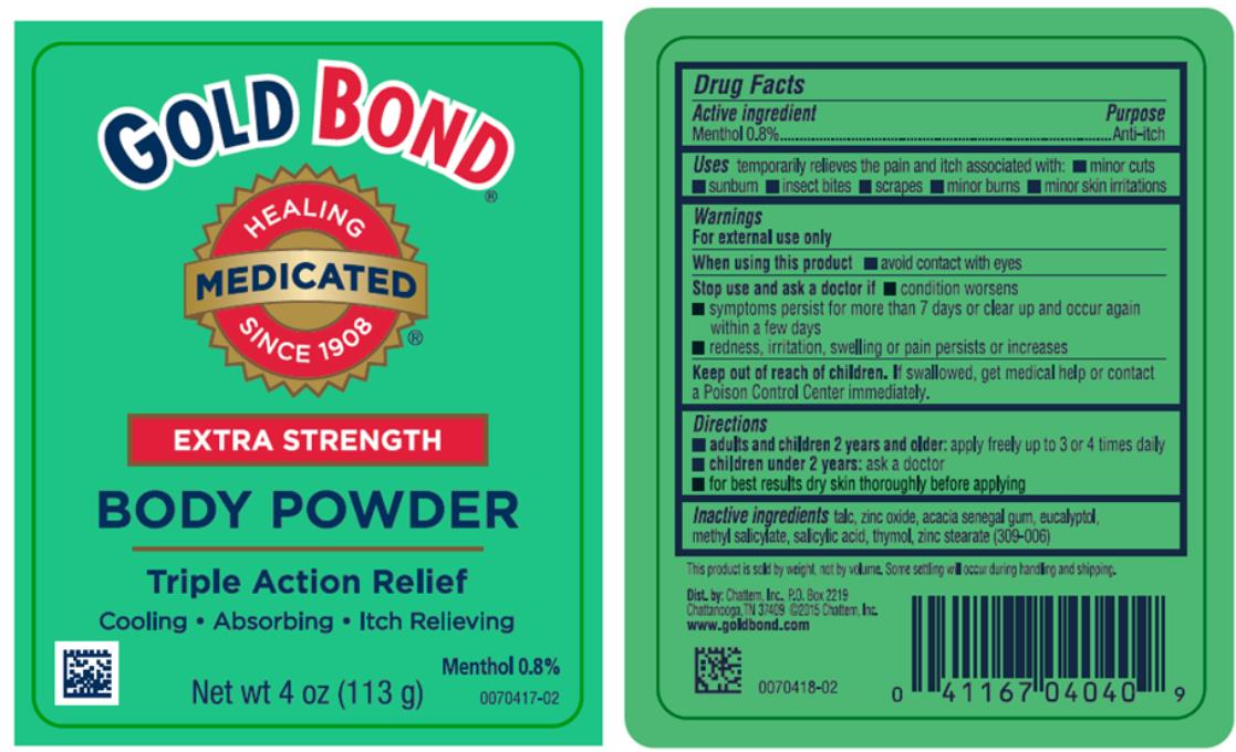Gold Bond
Healing Medicated Since 1908
Extra Strength
BODY POWDER
Triple Action Relief
Cooling ● Absorbing ● Itch Relieving
Menthol 0.8%
Net wt 4 oz (113 g)
