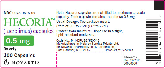 PRINCIPAL DISPLAY PANEL
Package Label – 0.5 mg
Rx Only		NDC 0078-0616-05
Hecoria™ (tacrolimus) capsules
Note: Hecoria capsules are not filled to maximum capsule Each capsule contains: tacrolimus 0.5 mg100capsules