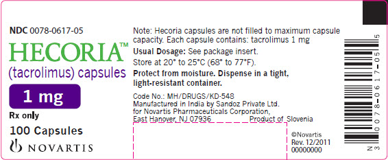 PRINCIPAL DISPLAY PANEL
Package Label – 1 mg
Rx Only		NDC 0078-0617-05
Hecoria™ (tacrolimus) capsules
Note: Hecoria capsules are not filled to maximum capsule Each capsule contains: tacrolimus 1 mg100capsules

