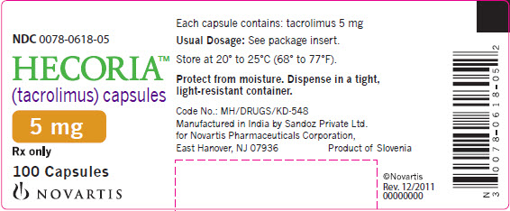 PRINCIPAL DISPLAY PANEL
Package Label – 5 mg
Rx Only		NDC 0078-0618-05Hecoria™ (tacrolimus) capsules
Each capsule contains: tacrolimus 5 mg100capsules