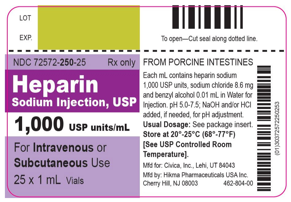 NDC 72572-250-25 Rx only Heparin Sodium Injection, USP 1,000 USP units/mL For Intravenous or Subcutaneous Use 25 x 1 mL Vials