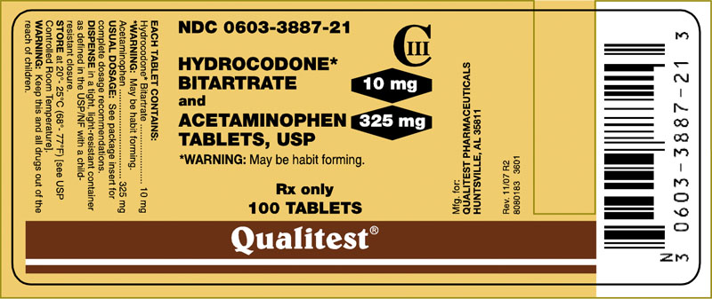 This is an image of the label for 10 mg/325 mg Hydrocodone Bitartrate and Acetaminophen Tablets.