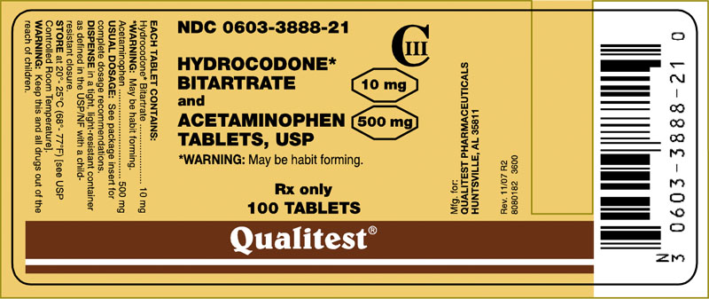 This is an image of the label for 10 mg/500 mg Hydrocodone Bitartrate and Acetaminophen Tablets.