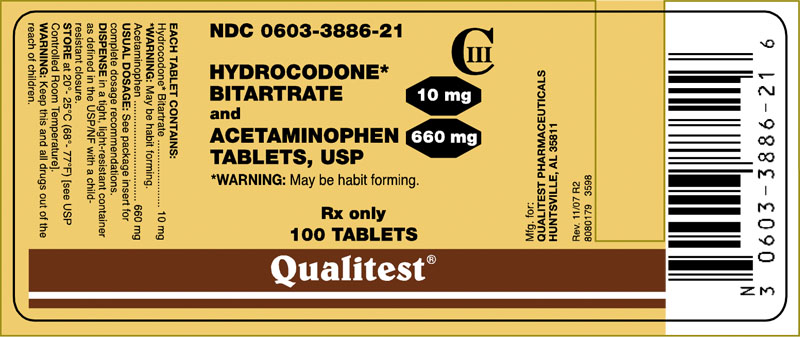 This is an image of the label for 10 mg/660 mg Hydrocodone Bitartrate and Acetaminophen Tablets.