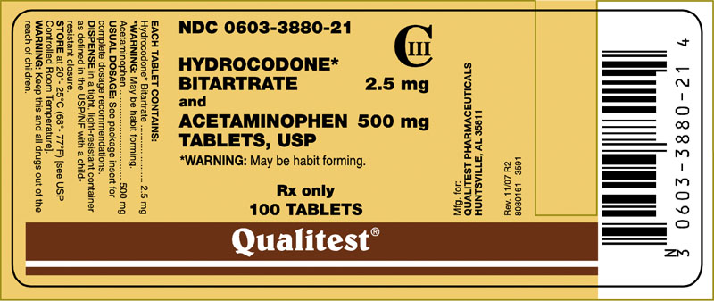 This is an image of the label for 2.5 mg/500 mg Hydrocodone Bitartrate and Acetaminophen Tablets.
