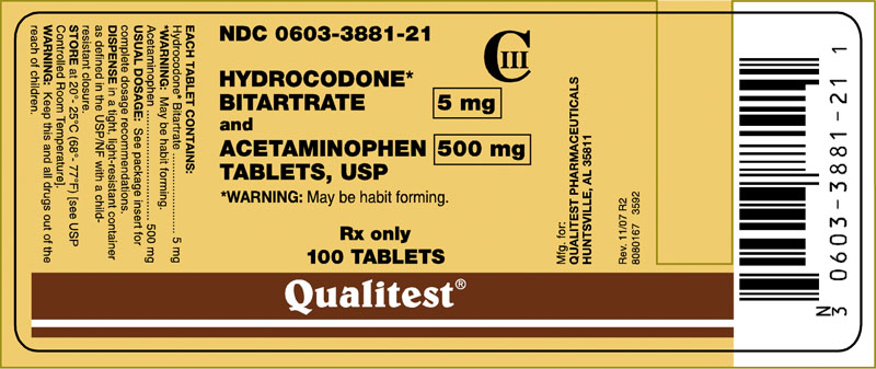 This is an image of the label for 5 mg/500 mg Hydrocodone Bitartrate and Acetaminophen Tablets.