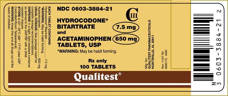This is an image of the label for 7.5 mg/650 mg Hydrocodone Bitartrate and Acetaminophen Tablets.