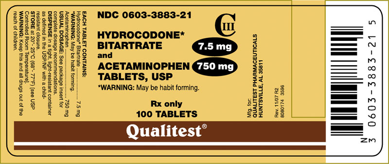 This is an image of the label for 7.5 mg/750 mg Hydrocodone Bitartrate and Acetaminophen Tablets.