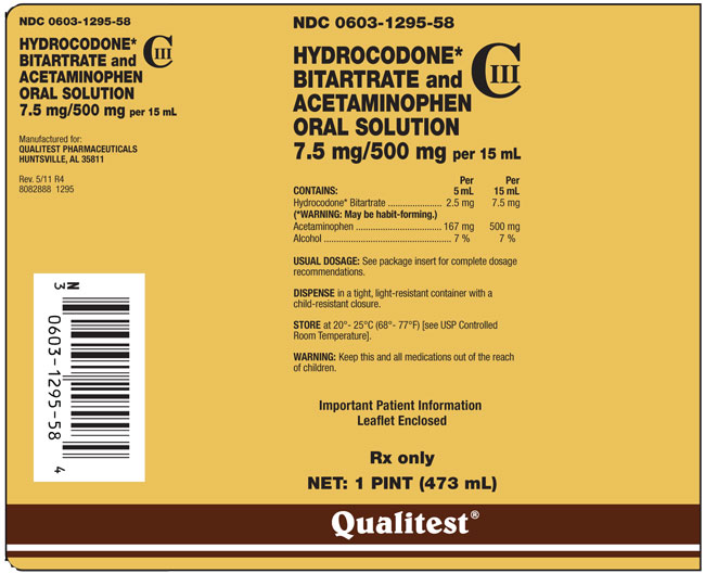 This is an image of the label for Hydrocodone Bitartrate and Acetaminophen Oral Solution 7.5 mg/500 mg per 15 mL.