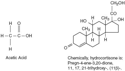 This is an image of the structural formulas of hydrocortisone and acetic acid.
