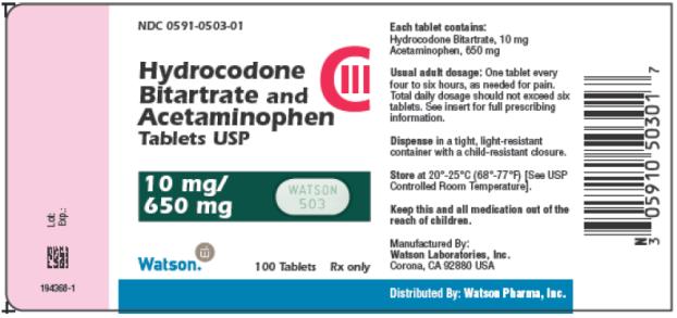 PRINCIPAL DISPLAY PANEL NDC 0591-0503-01 Hydrocodone Bitartrate and Acetaminophen Tablets USP CIII 10 mg/ 650 mg Watson 100 Tablets Rx only