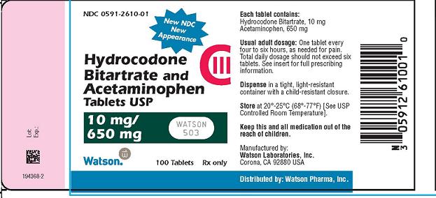 NDC 0591-2610-01 New NDC New Appearance Hydrocodone Bitartrate and Acetaminophen Tablets USP 10 mg/650 mg Watson 100 Tablets Rx only