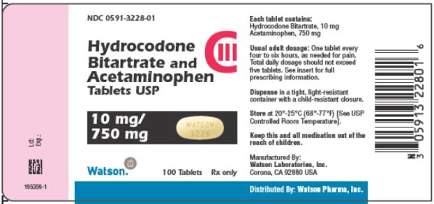 PRINCIPAL DISPLAY PANEL NDC 0591-3228-01 Hydrocodone Bitartrate and Acetaminophen Tablets USP CIII 10 mg/ 750 mg Watson 100 Tablets Rx only
