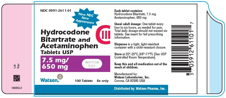 NDC 0591-2611-01 New NDC New Appearance Hydrocodone Bitartrate and Acetaminophen Tablets USP CIII 7.5 mg/650 mg Watson 100 Tablets Rx only