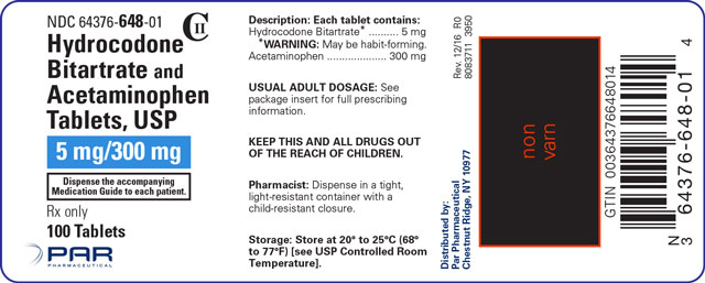This is an image of the Hydrocodone Bitartrate and Acetaminophen Tablets, USP 5 mg/300 mg label.