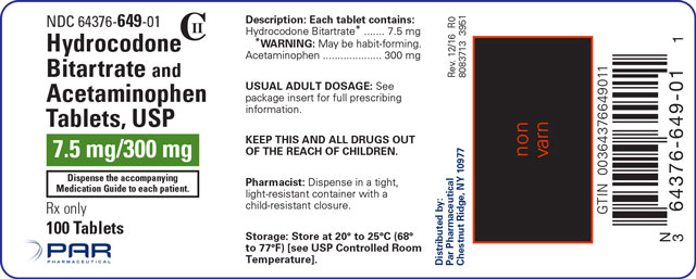 This is an image of the Hydrocodone Bitartrate and Acetaminophen Tablets, USP 7.5 mg/300 mg label.