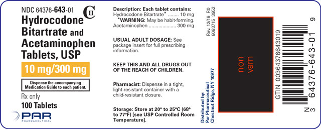 This is an image of the Hydrocodone Bitartrate and Acetaminophen Tablets, USP 10 mg/300 mg label.