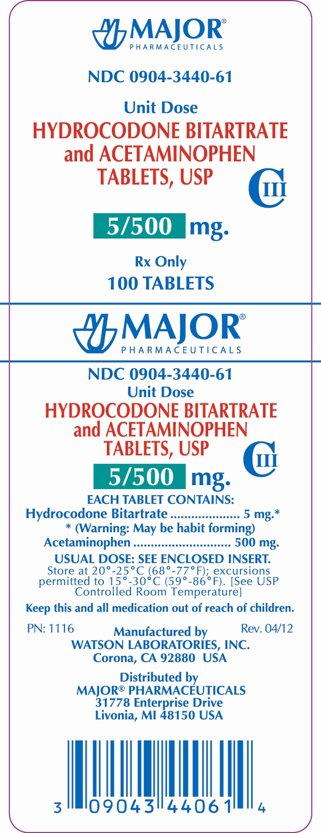 HYDROCODONE BITARTRATE AND ACETAMINOPHEN TABLETS USP 5/500MG